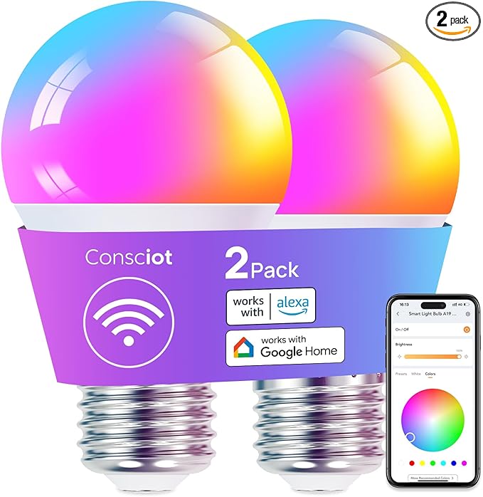 Consciot Smart Light Bulbs, WiFi LED Light Bulb That Works with Alexa & Google Home, Music Sync, Color Changing Light Bulb, A19 E26 2.4Ghz WiFi Light Bulbs 60 watt Equivalent, 800lm Dimmable 2 Pack