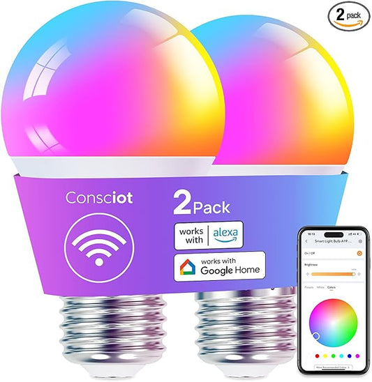 Consciot Smart Light Bulbs, WiFi LED Light Bulb That Works with Alexa & Google Home, Music Sync, Color Changing Light Bulb, A19 E26 2.4Ghz WiFi Light Bulbs 60 watt Equivalent, 800lm Dimmable 2 Pack