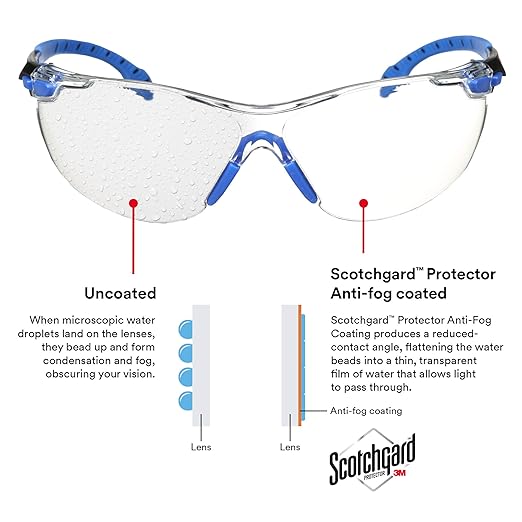 3M Safety Glasses, Solus 1000 Series, ANSI Z87, Scotchgard Anti-Fog, Clear Lens, Low Profile, Blue/Black Frame