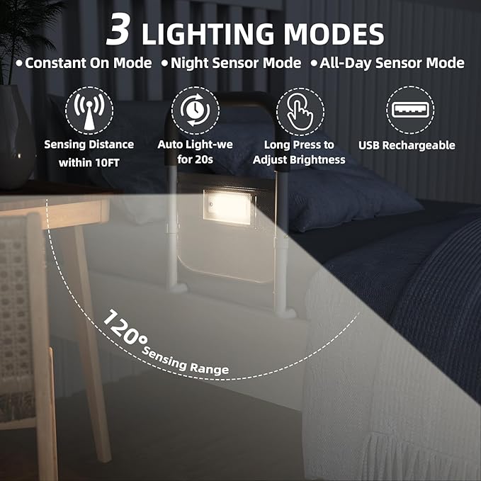 Bed Rails for Elderly Adults Safety: with Motion Light & Storage Bag - Adjustable Bed Assist Rail for Seniors - Bedside Rail Handle Support Bar Bed Guard Rails Fits King Queen Full Twin Medium