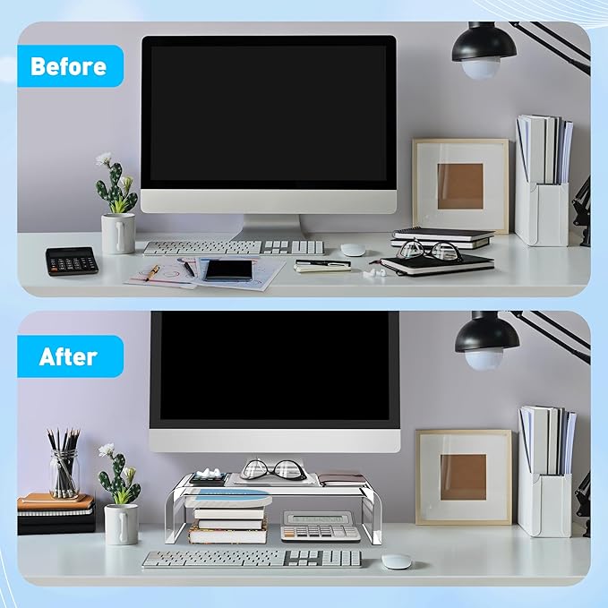 AboveTEK Acrylic Monitor Stand – Clear Monitor Riser & Computer Desk Stand, Premium Acrylic Laptop Stand for Home Office, PC TV Stand with Keyboard Storage Heavy Duty Desk Riser