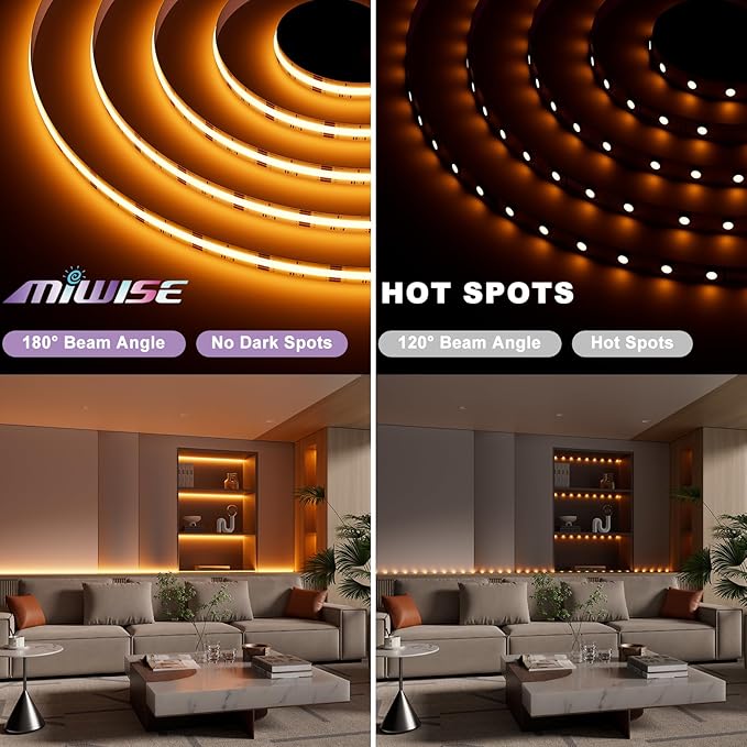 MIWISE RGB COB LED Strip Light 9.84ft/3m,Color Changing Dimmable Strip Light DC24V,Multicolor Flexible Tape Light 10mm Width,for TV,Bedroom,Party DIY Decoration(Power Supply & Controller NOT Included)