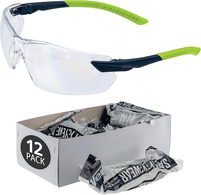 Veratti Toretto Safety Glasses, Anti-Fog Clear Lens, ANSI Z87.1 Certified, Gray/Green Frame, Affordable Eyewear