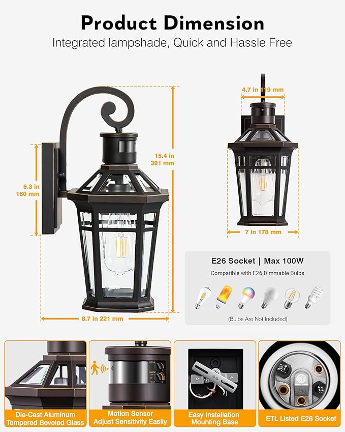 2 Pack Motion Sensor Outdoor Porch Lights Wall Mount, Oil Rubbed Bronze Outside Garage Lights Wall Lantern, Dusk to Dawn Exterior Lighting Fixtures, Anti-Rust Outside Sconce Light for Patio