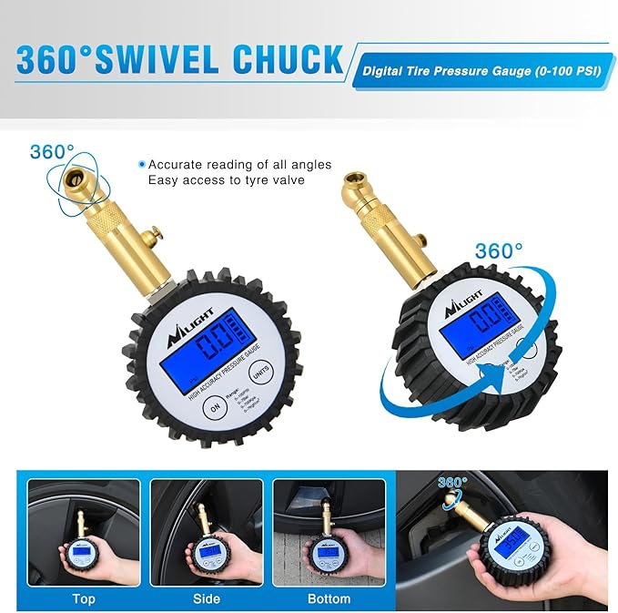 Nilight Digital Tire Pressure Gauge 100PSI Heavy Duty Stainless Steel Air Chucks ANSI 2A Certified Large Dial Wheel Service Checker for Truck Semi Truck ATV Motorhome Cars & RV Accessories