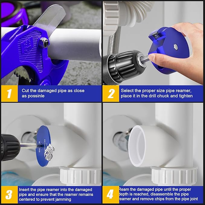 6Pcs PVC Pipe Reamer Kit With 3/4inch, 1inch,1-1/2inch, 2inch, 3inch, 4inch Head Aluminum, PVC Fitting Saver, PVC Socket Saver For SCH40, ABS, CPVC, Fit for Standard 1/2" Drill