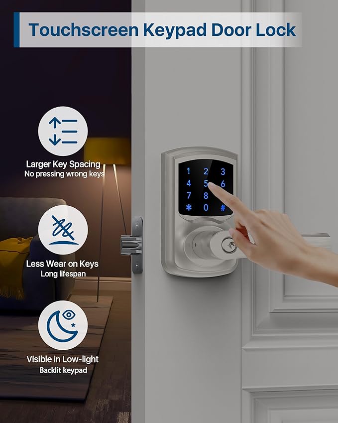 Keyless Entry Door Lock, Electronic Keypad Door-Lock with Handle, Touchscreen, Auto-Locking, Anti-peep Password, Easy to Install for Front Door, Home, Office, Satin Nickel