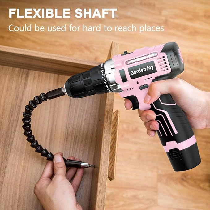 GardenJoy Cordless Power Drill Set: 12V Electric Drill with Battery and Charger, 65pcs Acessories, 3/8"Keyless Chuck, 2 Variable Speed, 24+1 Position, Compact Drill Driver Kit for Home & DIY Project