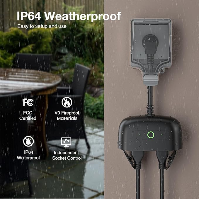 GHome Smart Outdoor Smart Plug, Smart Home Wi-Fi Outlet with 2 Sockets, IP64 Weather Resistance, Compatible with Alexa, Google Home & SmartThings, No Hub Required