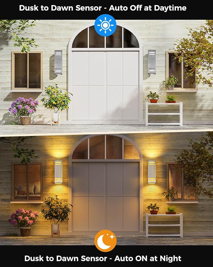 SHIMR Dusk to Dawn Outdoor Wall Light, Up Down Stainless Steel Exterior Wall Sconce with Photocell Sensor, 3000K Warm LED Bulbs Included, Waterproof Modern Outdoor Lights for House Garage Porch Patio