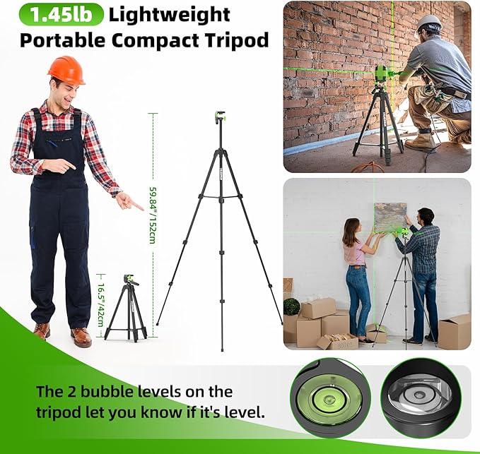 Laser Level with 47in Tripod Self Leveling, HUEPAR 98Ft Laser Level Green Line Laser Cross Line Laser Leveler Tool for Picture Hanging, Tile, Home Renovation, Indoor Project, Battery&Goggles Included