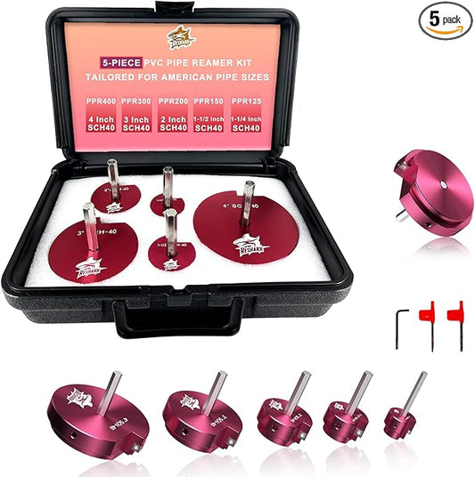 5 Pcs PVC Pipe Reamer Kit, PVC Fitting Saver Plastic Pipe Fitting Reamer Socket Saver Plumbing Tool Includes 1 1/4'', 1 1/2'', 2'', 3'', 4'' for Schedule 40 Fits Standard 1/2" Drill