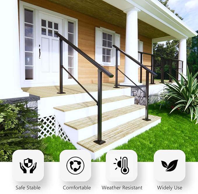 DIYHD 4 Step Handrail for Outdoor,Powder Coated Iron Stair Railing,Black Hand Rails for Indoor, Porch,Deck,2 Pack