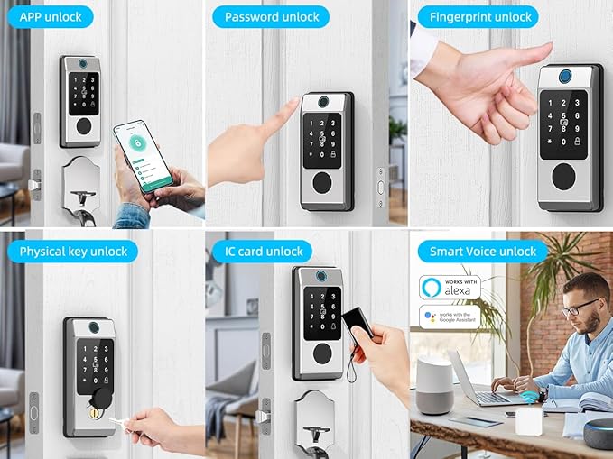 WiFi Front Door Lock Set - Miuedo Keyless Entry with Handle Keypad, Smart Deadbolt, Fingerprint, Auto Lock, Code, Fob, Remote Control - Silver