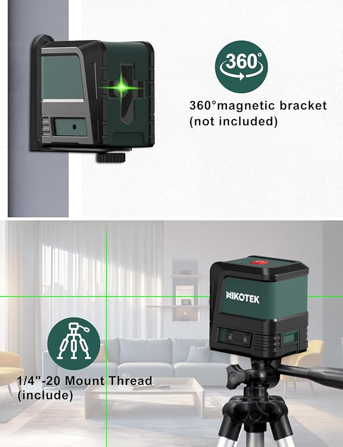 Laser Level, Self-leveling Green Line Laser With Horizontal and Vertical Lines for Construction and Picture Hanging, Battery Included (NK02G With 26 inch Tripod)