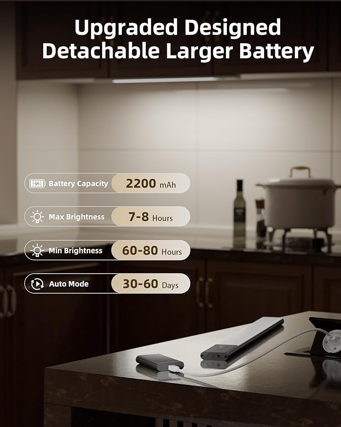 EZVALO Under Cabinet Lighting, Motion Sensor Lights with 2 Detachable Batteries, 76 LED Dimmable Closet Lights, 3 Color Temps, Under Counter Lights for Kitchen, Wardrobe