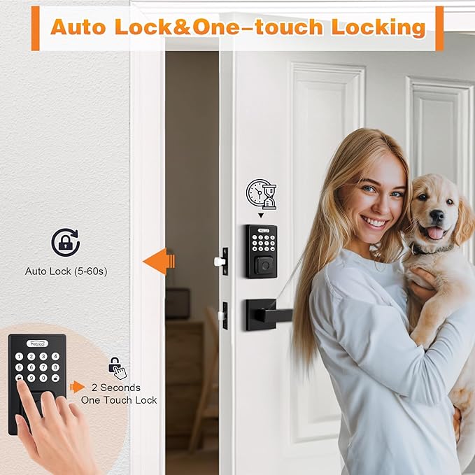 Probrico Smart Door Lock, Keyless Entry with Handle, Black, Biometric, Keypad, Key, App Control, Auto Lock, Contemporary Style