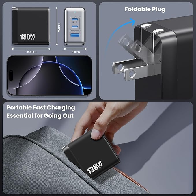 130W USB C Charger Block,3-Port GaN Fast Charger,Compact Foldable Type C Fast Charging Wall Charger,PD QC 65W USB C Laptop Charger for MacBook Pro/Air,iPad Pro,iPhone16/15,Galaxy Series,Dell XPS etc