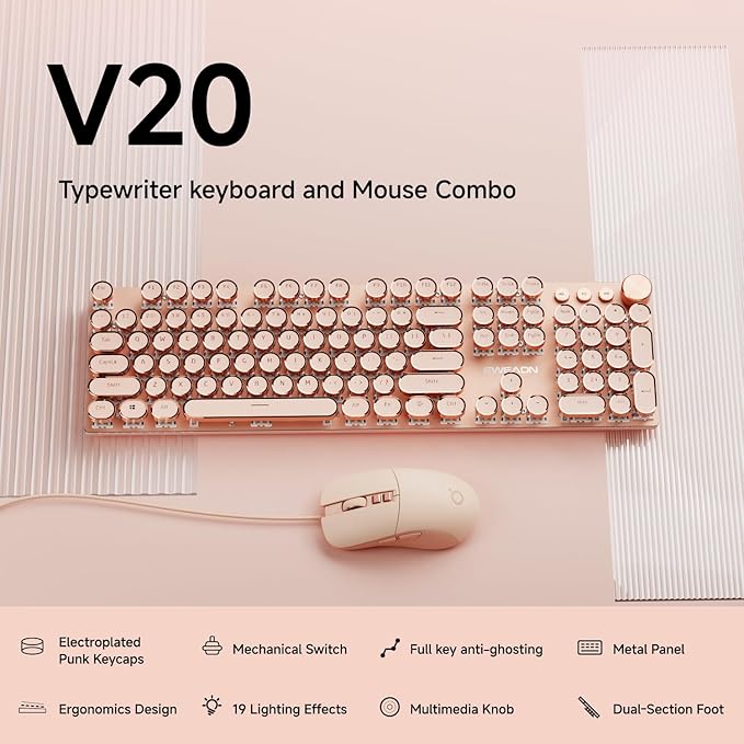 EWEADN Wired Typewriterkeyboard and Mouse Combo, Typewriter Style Mechanical Gaming Keyboard,104 Keys Backlit LED Keyboards, Media Control Knob, Wired Keyboard Pink Switch for Windows/Mac/PC-Pink