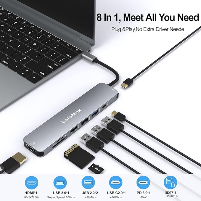 USB C HUB(8-in-1), USB C to HDMI4K60 SD/TF USB A PD, Compatible with USB C Port, USB C and 3 USB A Data Ports,SD/TF Card Reader for MacBook Pro Inch, MacBook Air and More