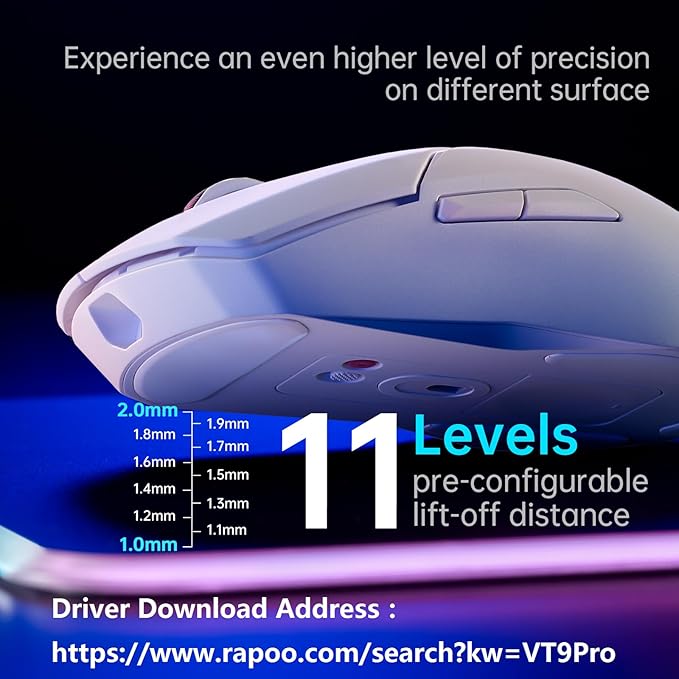 Rapoo VT9Pro Wireless Gaming Mouse - Esports Grade Performance Gaming Mice, PAW 3398 Sensor, 26000 DPI, 1ms Response Time, 68g Lightweight, 10 Programmable Buttons, Long Battery Life, White