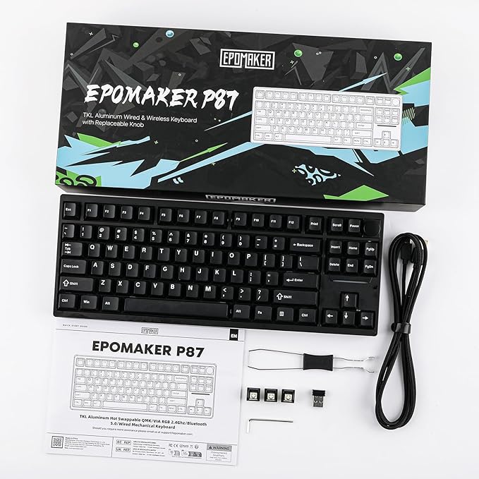 EPOMAKER P87 TKL Aluminum Wireless Gaming Keyboard, QMK/VIA Programmable, 87% Bluetooth/2.4Ghz/USB-C, with CNC Metal Knob and RGB Backlight (Black, Wisteria Linear Switch)
