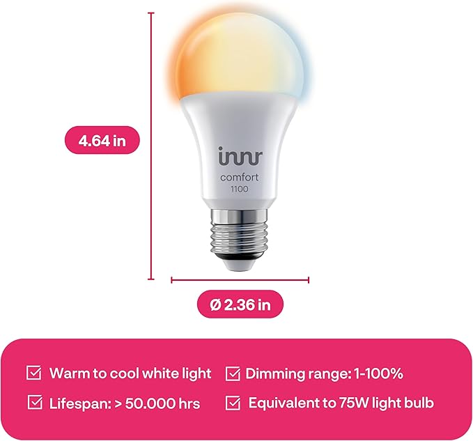 innr Smart Light Bulbs, A19 Zigbee, Works with Philips Hue* and Alexa (Bridge Required), Warm to Cool White, Dimmable, E26 LED Bulb 75 Watt, Soft White Light, 1140lm, 2-Pack