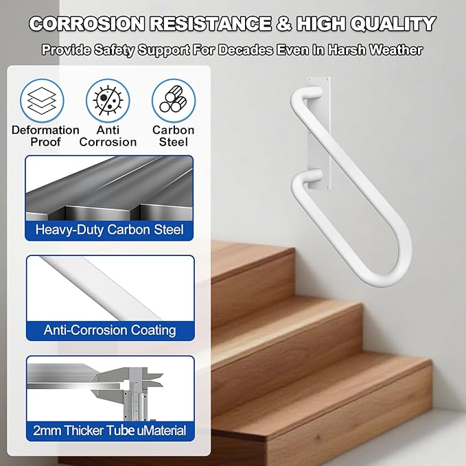 Jamb Mount Handrails for Outdoor Steps-1-2 Step Waterproof Stairs Railing-Powder Coated Side Mount Hand Rails for Indoor Stairs-Non-Slip Staircase Grab Rail for Deck/Porch/Mobile Home/Short Stairway