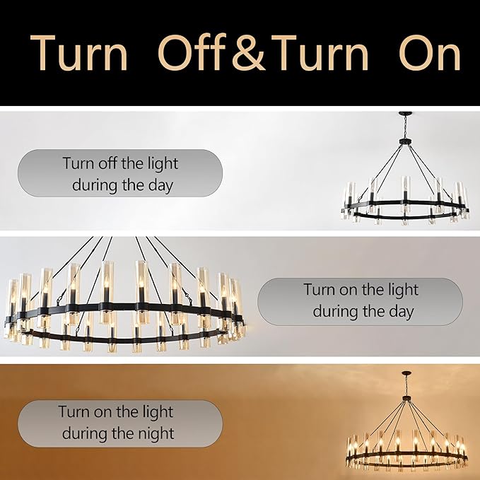 43 Inch Black Wagon Wheel Chandelier, 12 Lights, with Brown GlassShade, Large Hanging High Ceilings Chandeliers for Dining Room KitchenFoyer En