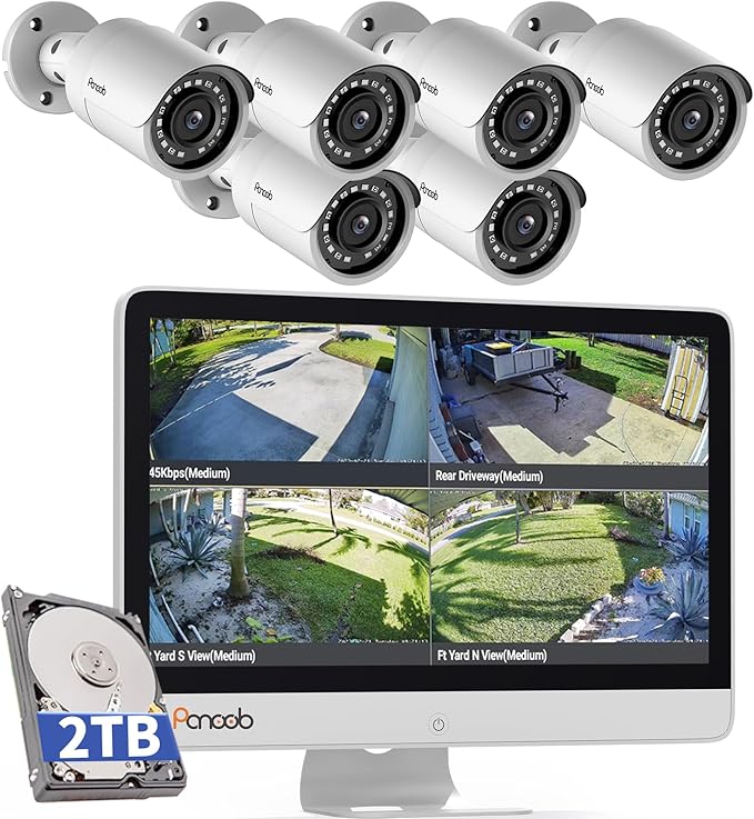 Security Camera System with Monitor, 8CH 8MP 4K NVR with 2TB HDD, 6X Bullet Wired 5MP PoE IP Camera with Mic IP67 for Home Outdoor, Night Vision, Smart AI Human Detection, PB37FM06-5M