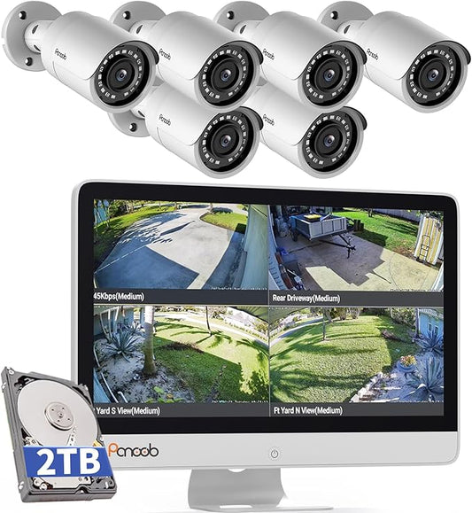 Security Camera System with Monitor, 8CH 8MP 4K NVR with 2TB HDD, 6X Bullet Wired 5MP PoE IP Camera with Mic IP67 for Home Outdoor, Night Vision, Smart AI Human Detection, PB37FM06-5M
