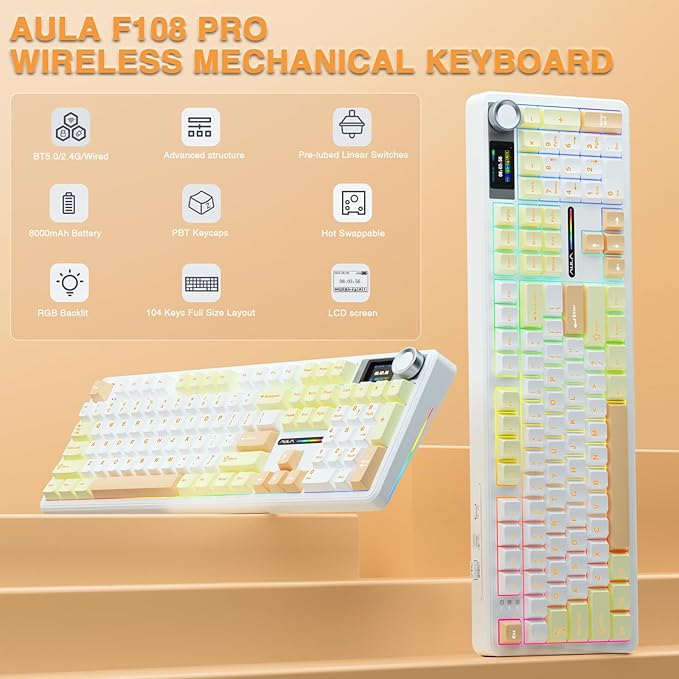 AULA F108 PRO - Wireless Mechanical Keyboard with Screen&Knob,Hot Swappable Gaming Keyboard with 8000mAh Battery,Pre-lubed Switches,RGB Backlit,PBT Keycaps Creamy Sounding Computer Keyboards,104 Keys