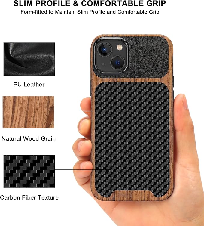 TENDLIN Compatible with iPhone 15 Case Wood Grain with Carbon Fiber Texture Design Leather Hybrid Slim Case (Black)