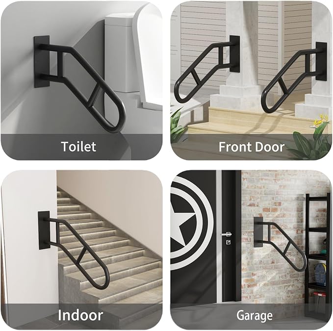 Hand Rails for Outdoor Steps U-Shaped, Black Iron Stair Railing Indoor 1-3 Step, Wall Mounted Railing for Stairs, Stair Handrail for Elderly, Kids, Pregnant Women, Porch Deck Garden Grab Bar -1 Pack