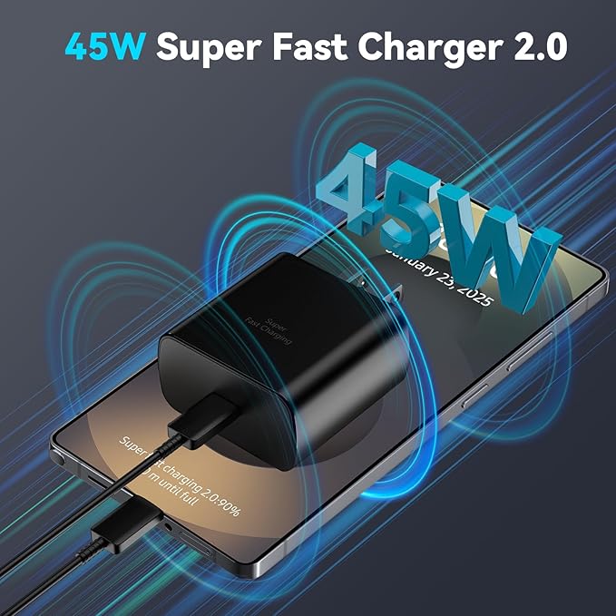 45W Super Fast Charger USB C Android Phone Type C Charger Fast Charging Block with 8FT C Charger Cord for Samsung Galaxy S25/S25 Ultra/S25+/S24 Ultra/S24/S24+/S23/S22/S21/S20/Note20/Note 10