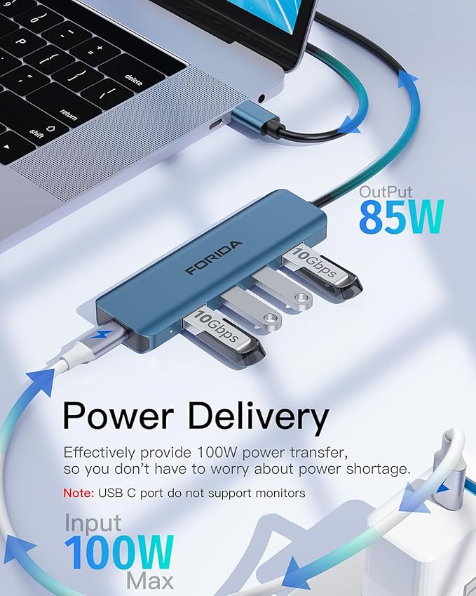 USB C Hub, 10Gbps USB 3.1 Adapter for MacBook, with 100W PD Charging, 2 USB C 3.1 10Gbps and 2 USB A 3.1 Data Ports, Compatible with Surface, XPS, Samsung, Dell and More (Blue)