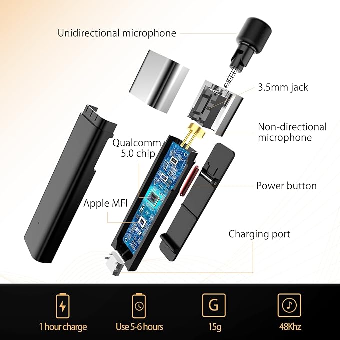 SabineTek Official SmartMike+ Ultra-Compact Wireless Bluetooth Microphone Long Distance Audio Recording Noise Reduction Lavalier Mic (14g) (White)