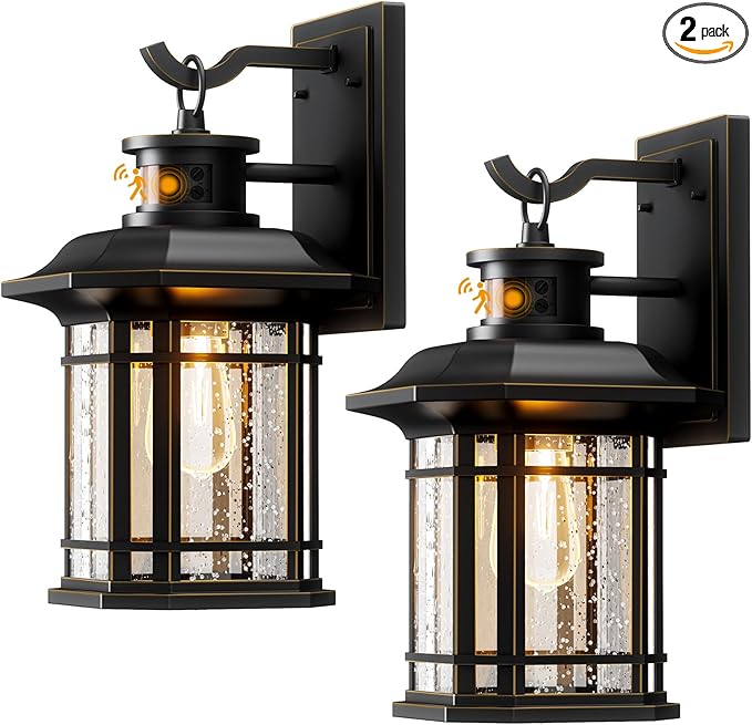 Motion Sensor Outdoor Lights 2 Pack, Dusk to Dawn Outdoor Lighting, Exterior Light Fixtures with 3 Working Modes, Wall Mounted IP65 Waterproof Lights for House Porch Patio, Black(Gold Trim)