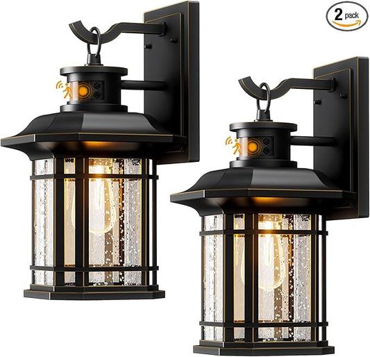 Motion Sensor Outdoor Lights 2 Pack, Dusk to Dawn Outdoor Lighting, Exterior Light Fixtures with 3 Working Modes, Wall Mounted IP65 Waterproof Lights for House Porch Patio, Black(Gold Trim)