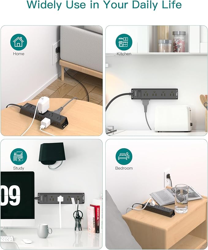 10 FT Extension Cord - Long Power Strip Surge Protector, Flat Plug, 12 Widely Outlets 3 Sides Outlet Extender, 900J, Wall Mount, Desk Charging Station Compact for Home Office Dorm Room Essentials