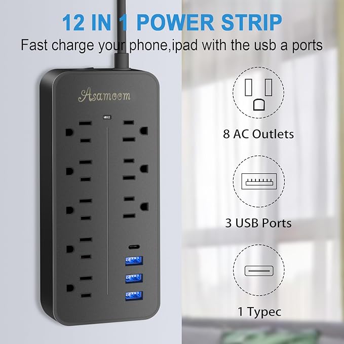 25FT Flat Plug Surge Protector - 8 Outlet & 3 USB Port (A & C) Power Strip Extension Cord, Wall Mountable Desk Power Strip for Home Office - Black - ETL Listed