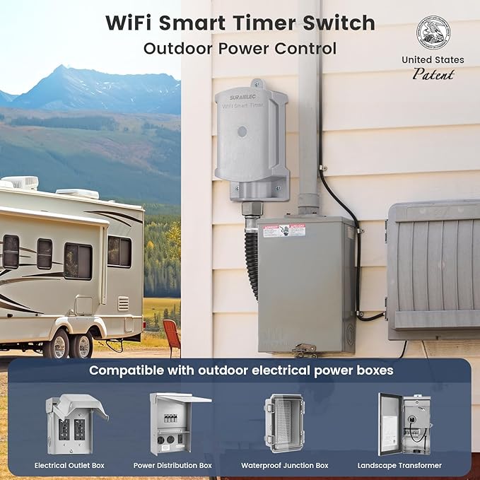 SURAIELEC 15 AMP WiFi Smart Timer Switch for Outdoor Electrical Boxes, 120V WiFi Pool Timer, for Waterproof Outlet Junction Box, Pool Light, Driveway Lighting, Security System, Holiday Decorations