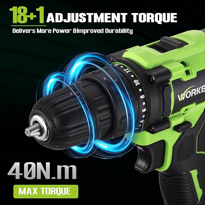 WORKBLESS 21V Power Drill Set, Cordless Drill with Battery and Charger, 3/8'' Keyless Chuck, Variable Speed, 18+1 Torque Setting and 28pcs Drilling/Driver Bits Tool Set(Green)