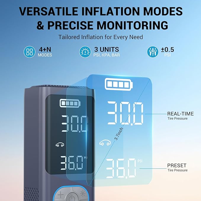 AVAPOW AP18 Tire Inflator Portable Air Compressor, 300% Faster 150 PSI Cordless Air Pump with Tire Pressure Gauge, 3.7″ Dual LCD Screen, Auto-Shuts Off Tire Pump for Car, Motorcycle, Bicycle, Purple