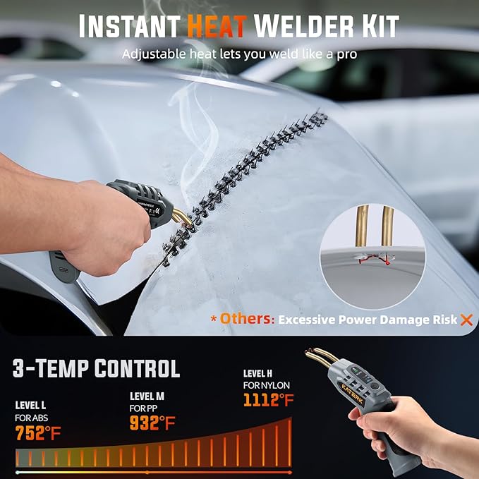 Katerk Cordless Plastic Welder – 400 Staples Included, 3-Temperature Settings, USB Rechargeable Portable Plastic Welding Kit, Perfect for DIY Projects, plastic/Bumper/Toys Repair