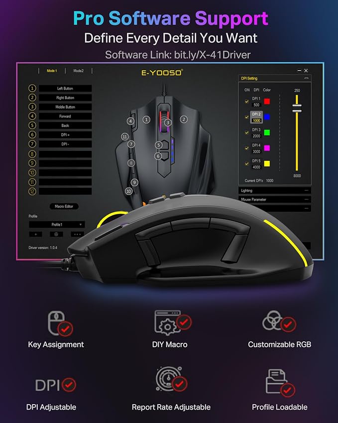 E-YOOSO Wired Large Gaming Mouse, Big Gamer Mouse with Rapid Fire Button, 5 Side Buttons, 12400 DPI, 5 Backlit Modes, 11 Programmable Macro Shortcuts, Adjustable Weights, Comfort Grip for Windows