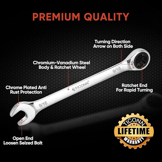 TICONN 12PCS Ratcheting Wrench Set, Professional Slim Profile Mechanic Cr-V Ratchet Wrench Set with Organizer Rack (12PCS Inch (SAE))