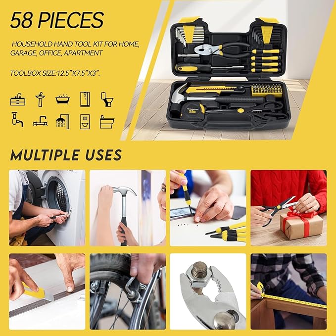 58 Piece Household Tool Set, General Household Hand Tool Kit with Plastic Toolbox Storage Case, All Purpose Household Tool Kit for Home, Garage, Office and College Dormitory Use, Yellow