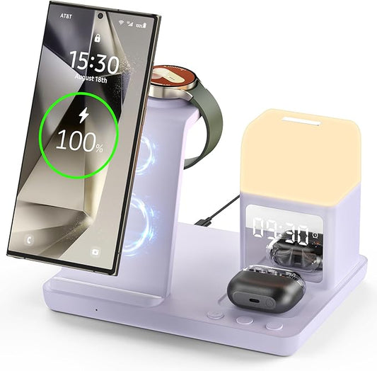 Wireless Charger for Samsung/Android, 6 in 1 Phone Nightstand Charging Station Charger with Alarm Clock/Night Light for Samsung S25/S24/S23 Ultra/Buds3 Pro,Watch Charger for Galaxy Watch 8/7/6-Purple