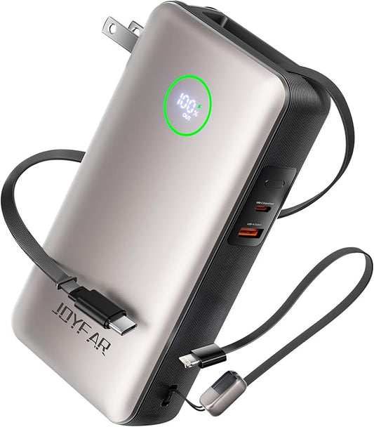 Portable Charger Power Bank - Laptop Battery Pack 65W AC Plug GaN 25000mAh Built in Cable USB C Phone Fast Charging Compatible with iPhone 16 15 14 13 12 11 X iPad MacBook Samsung (Gold)